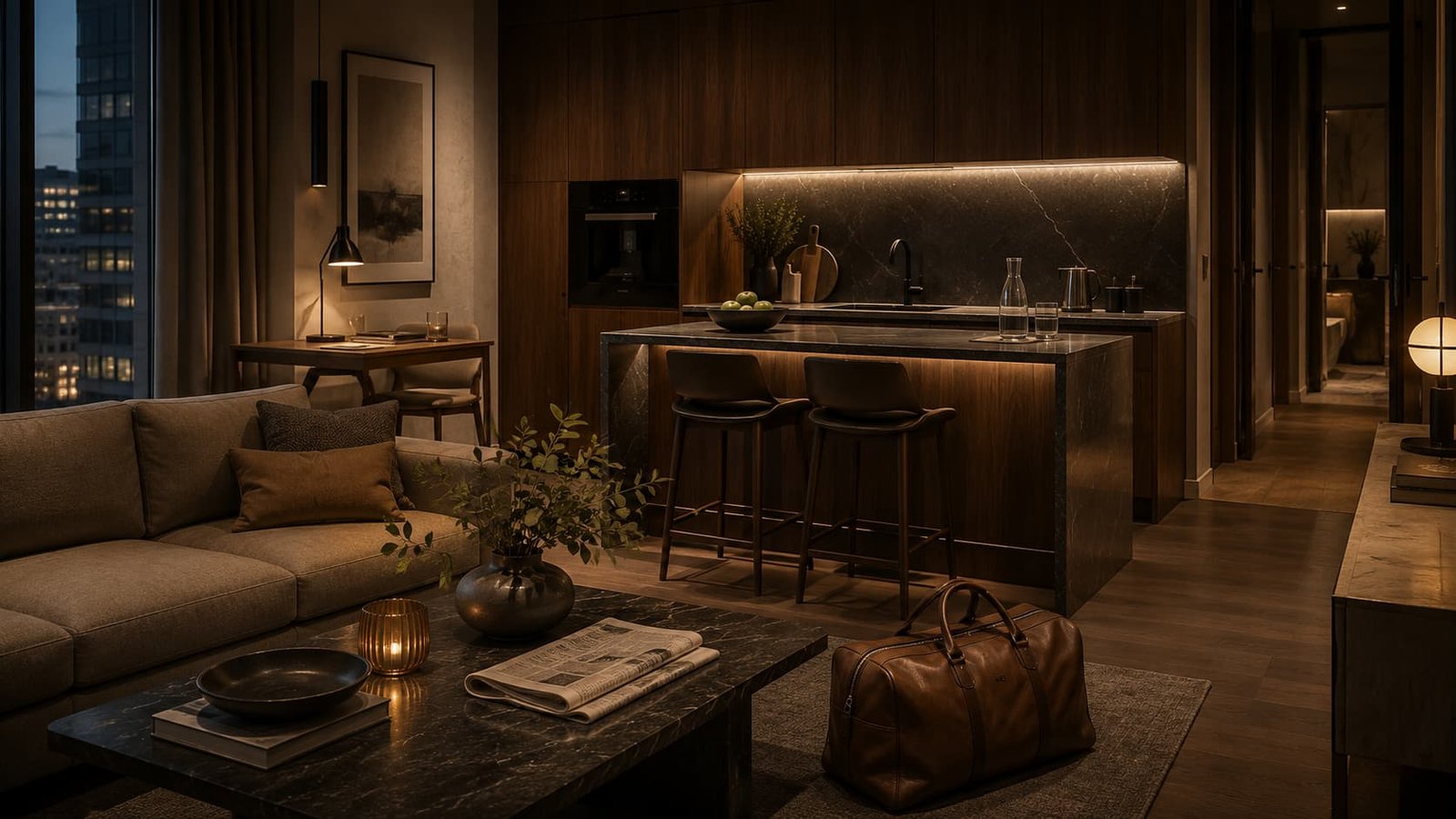 Hochwertige Serviced Residence mit Wohnbereich, Naturstein, Holz, Travel-Bag und privater Langzeitaufenthalts-Atmosphäre.