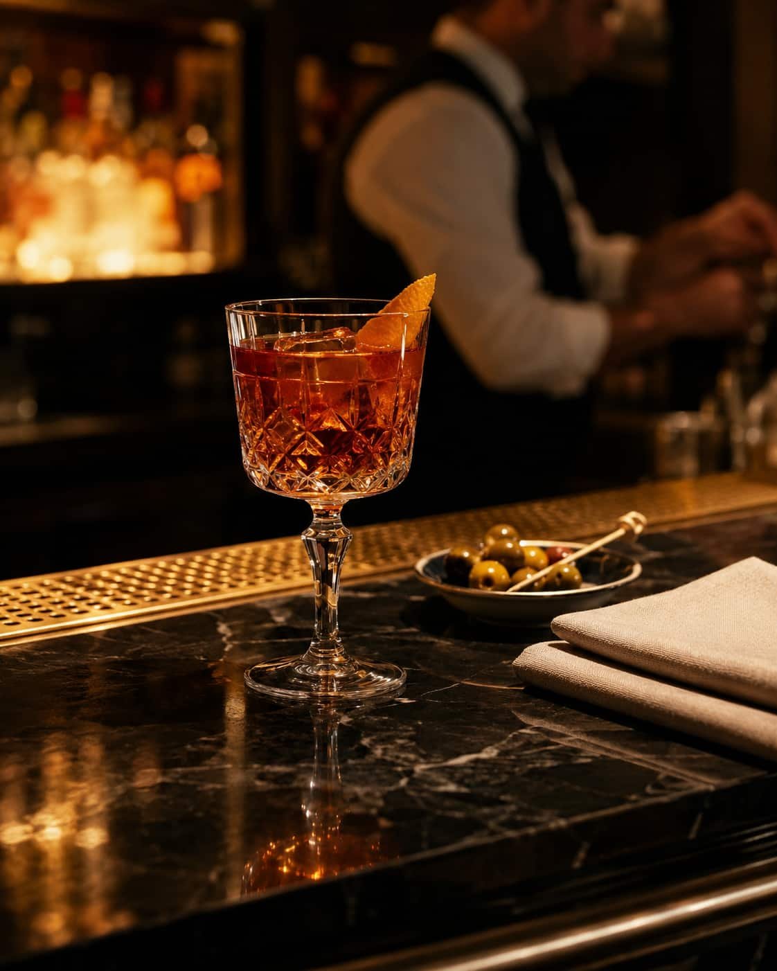 Elegantes Aperitif-Stillleben an einer Hotelbar mit Kristallglas, Leinenserviette, Messingdetail und warmem Licht.