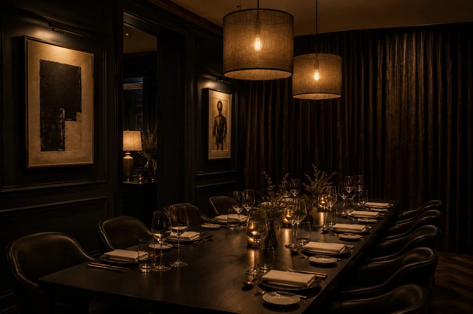 Diskreter Private Dining Room mit langem Tisch, Kunst, warmem Licht und geschlossener Abendatmosphäre.