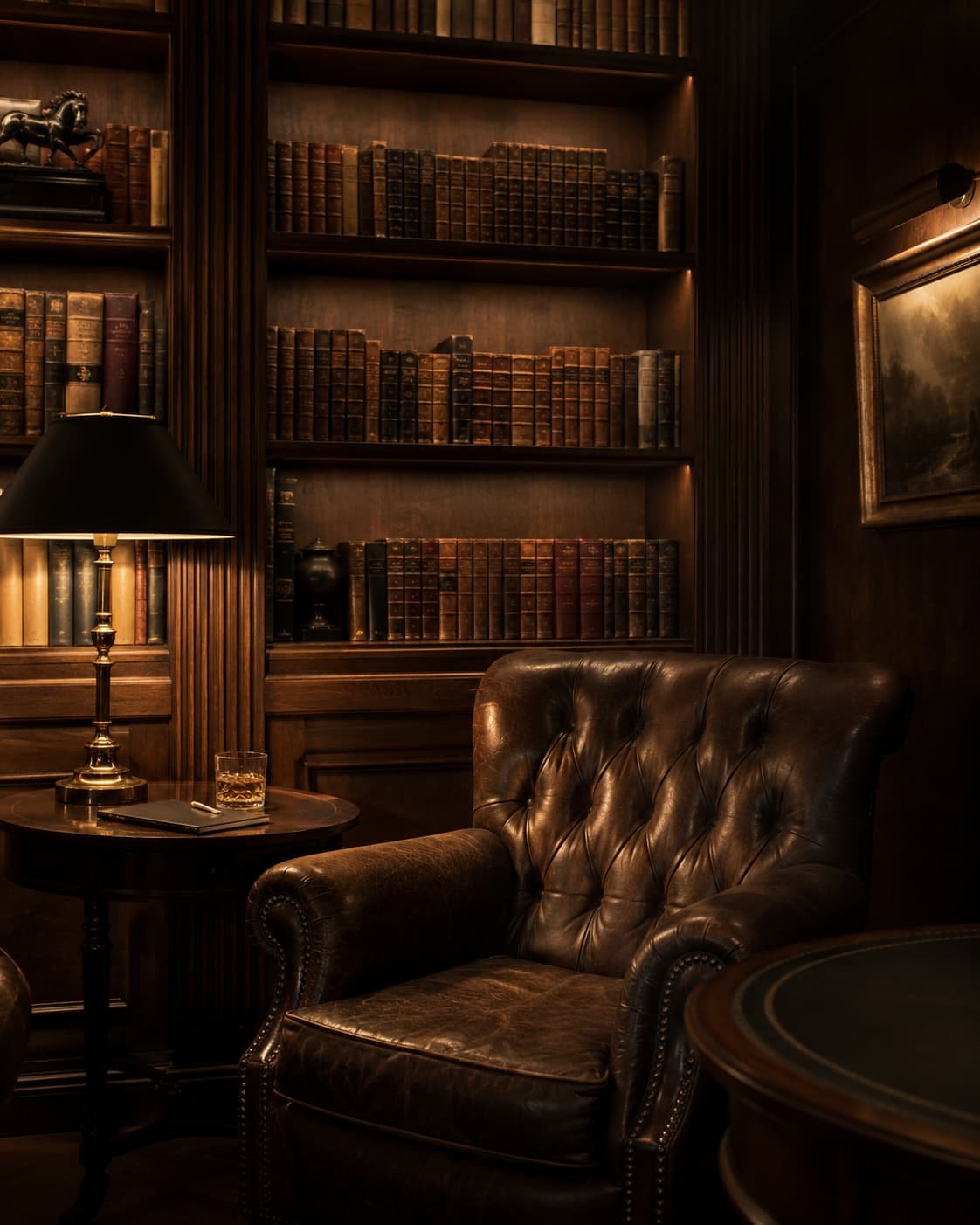 Private-Club-Bibliothek mit Bücherwänden, Ledersessel, Holztisch, Notizbuch und warmem Licht.