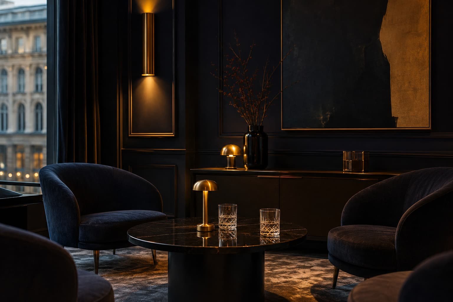 Diskrete urbane Lounge mit dunklen Wänden, Kunst, zwei Gläsern und ruhiger Gesprächsatmosphäre.
