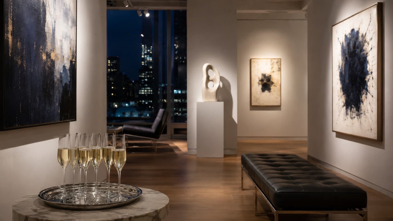 Privater Galerieabend mit zeitgenössischer Kunst, Skulptur, Champagner-Tablett und gedämpftem Abendlicht.