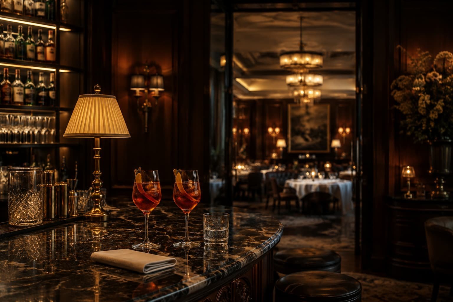 Elegante Hotelbar mit Marmortresen, warmem Licht, Aperitif-Gläsern und diskreter Fine-Dining-Atmosphäre.