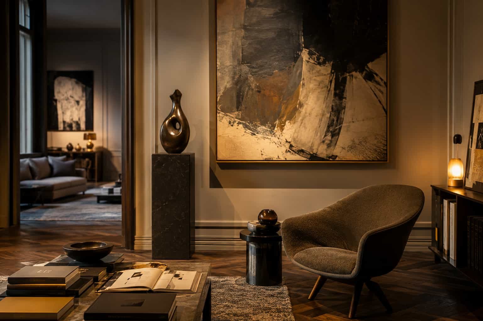 Privater Kunstsalon mit abstraktem Gemälde, Skulptur, Designstuhl, Parkett und warmem Licht.