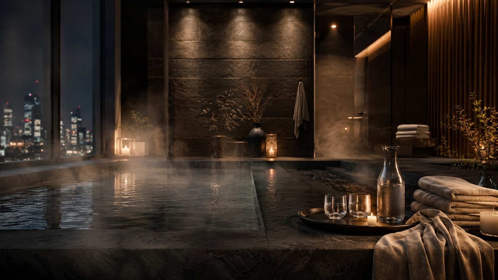 Ruhiges Urban Spa mit dunklem Stein, Dampf, Leinentüchern, Wasser und gedämpftem Stadtlicht.