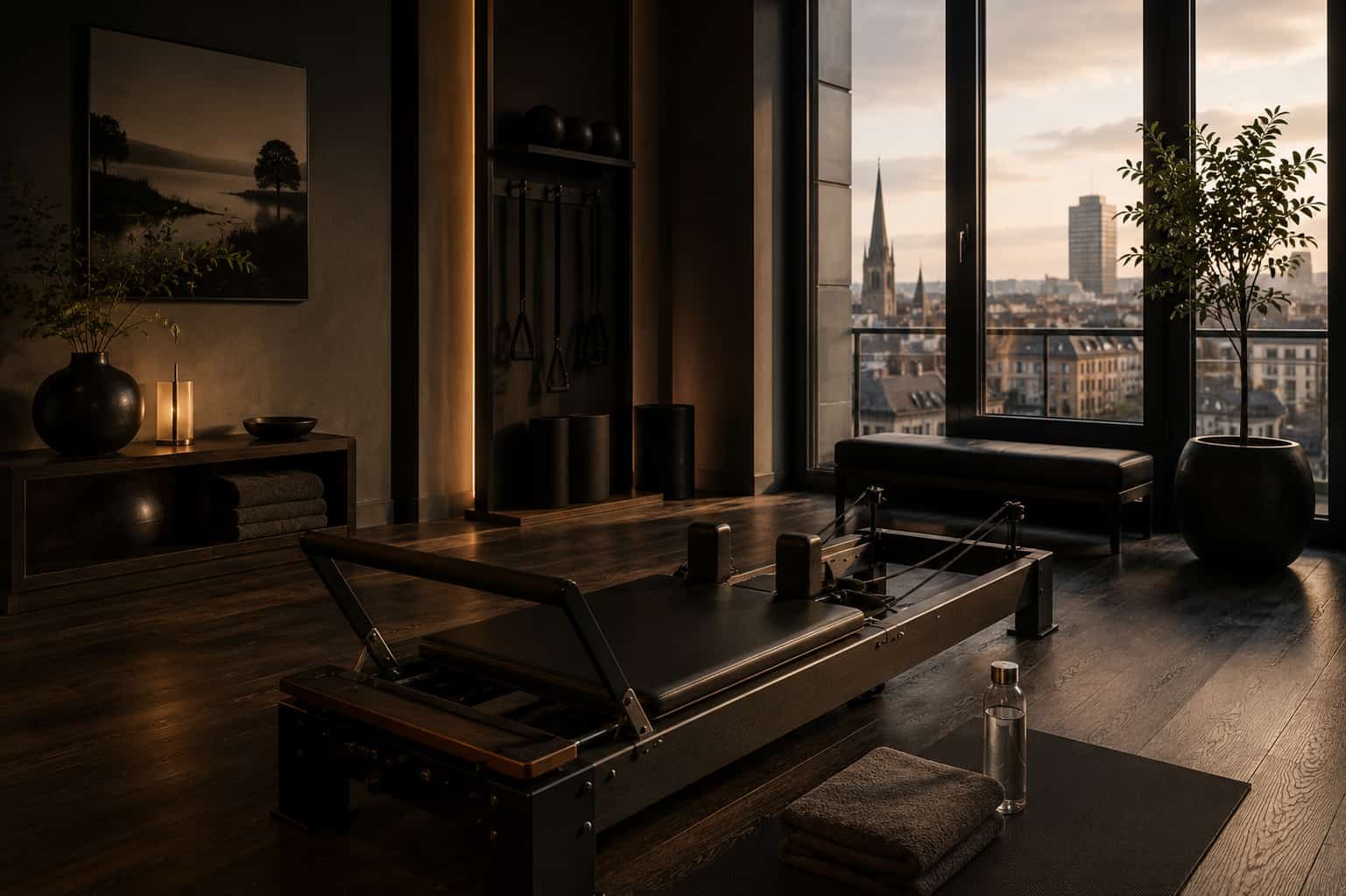 Privates Premium-Trainingsstudio mit Holzfußboden, minimaler Ausstattung, Handtuch, Wasser und Stadtblick.