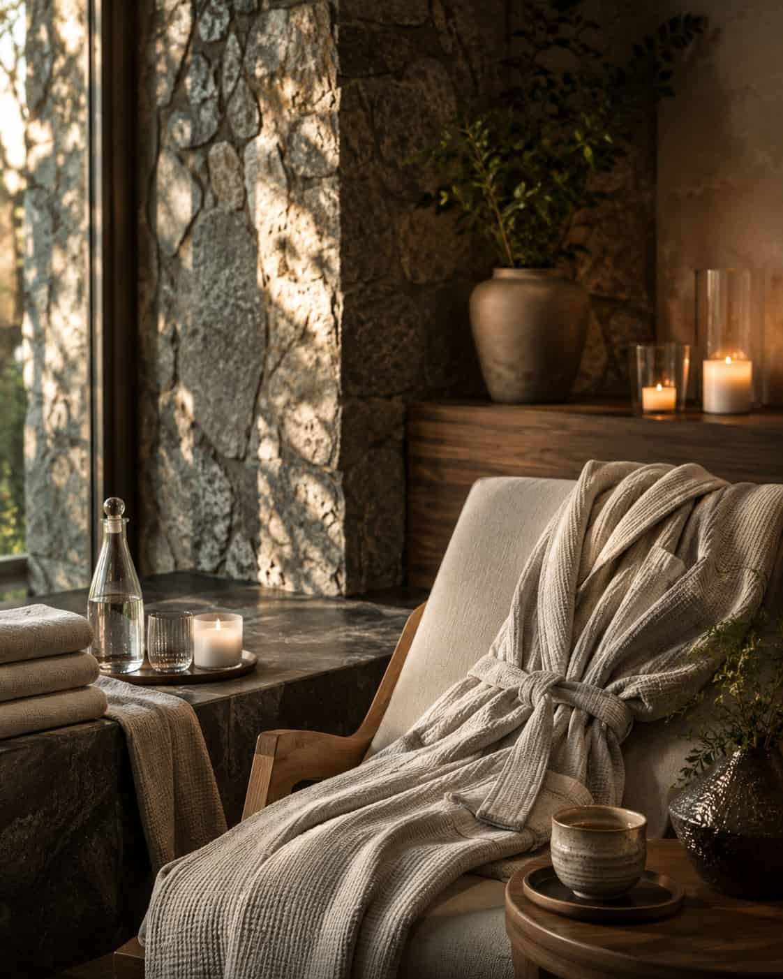 Luxuriöse Day-Spa-Ecke mit Bademantel, Handtüchern, Teetasse, Naturstein und warmem Licht.