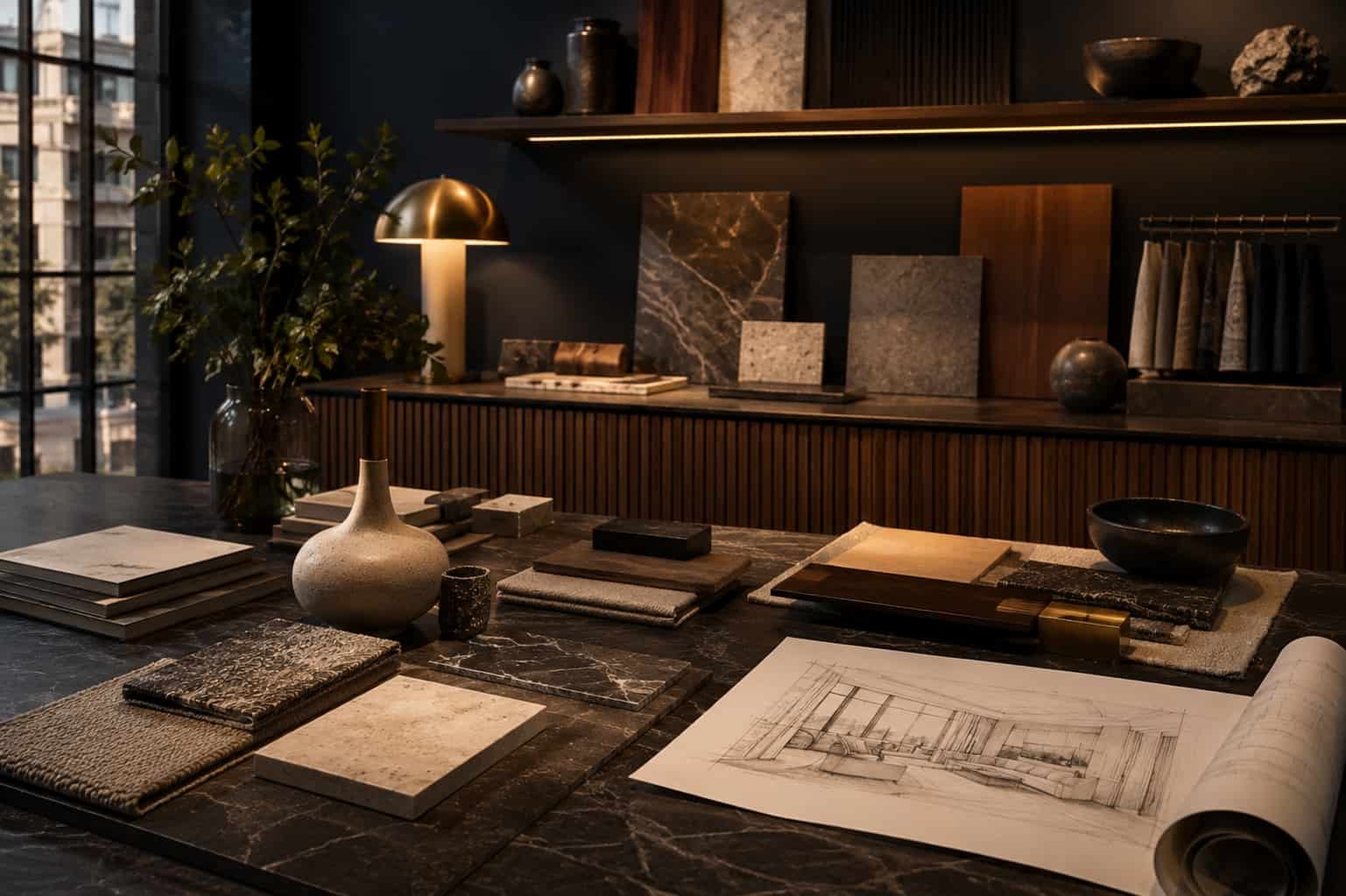 Hochwertiges Interior-Studio mit Steinmustern, Holzfurnieren, Stofftafeln, Keramik und warmem Licht.