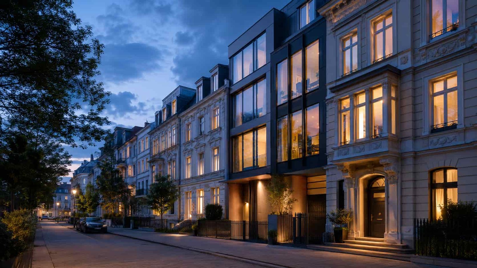 Ruhige gehobene Wohnlage in einer deutschen Großstadt bei Abendlicht mit Altbau, moderner Architektur und warmen Fenstern.