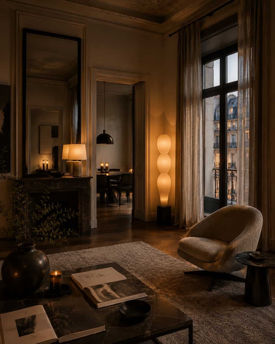 Elegantes Stadtapartment mit hoher Decke, Parkett, Leinenvorhängen, Designstuhl und ruhigem Abendlicht.