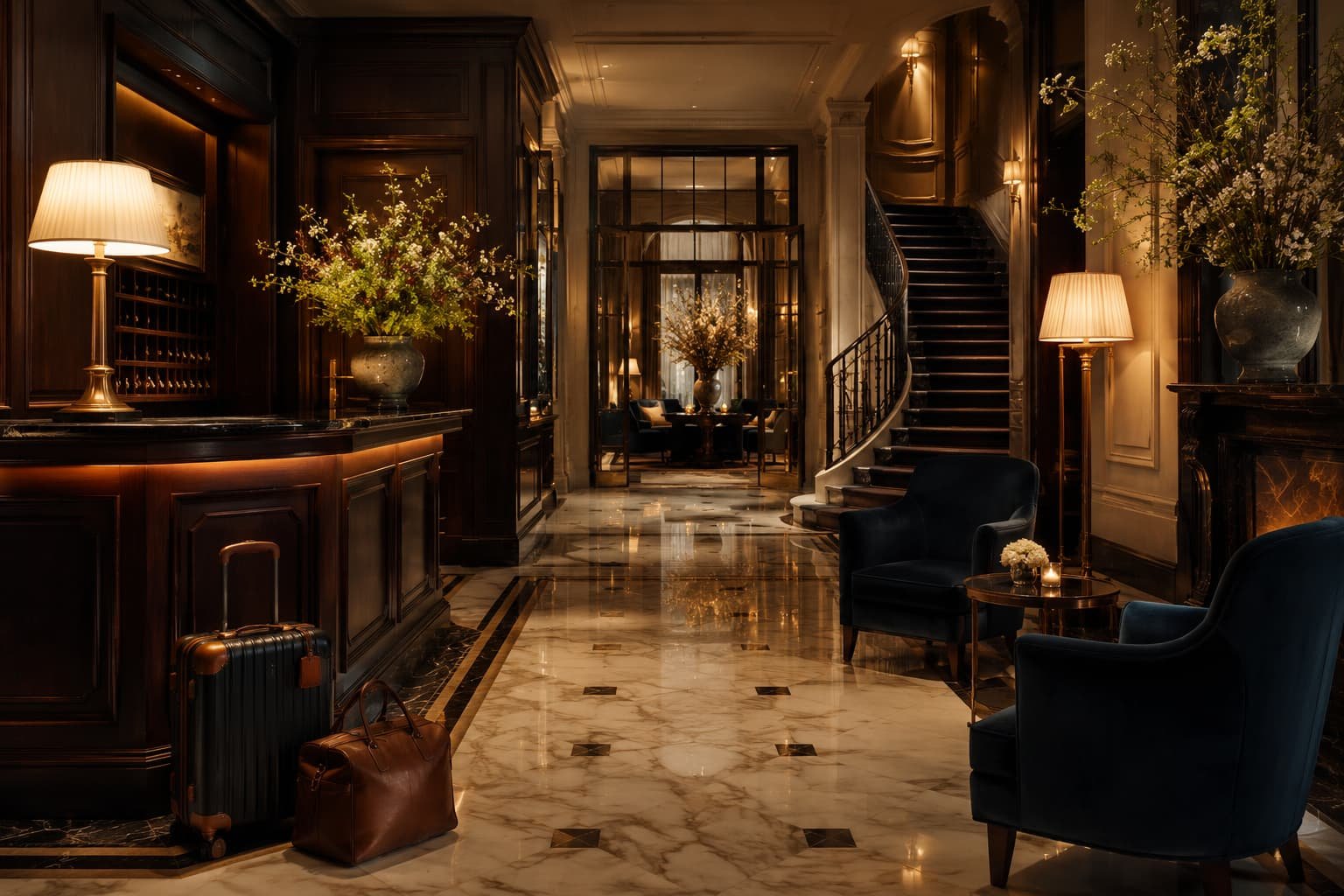 Hochwertige urbane Hotellobby mit Marmor, dunklem Holz, Samtsesseln, Concierge-Atmosphäre und diskretem Luxusgefühl.