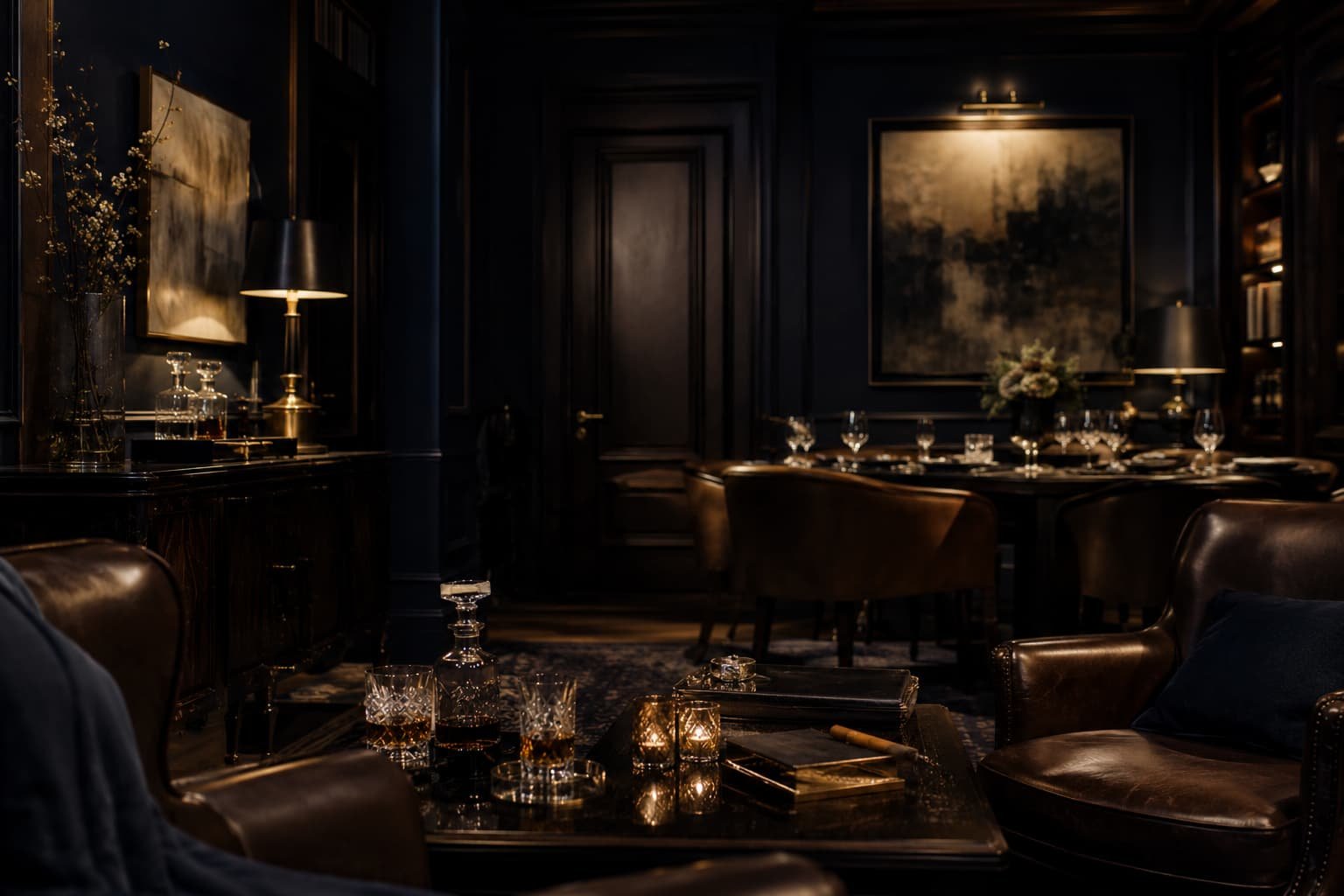 Diskrete Private-Club-Lounge mit Lederstühlen, dunklem Holz, warmem Licht, Kunst und exklusiver Abendatmosphäre.