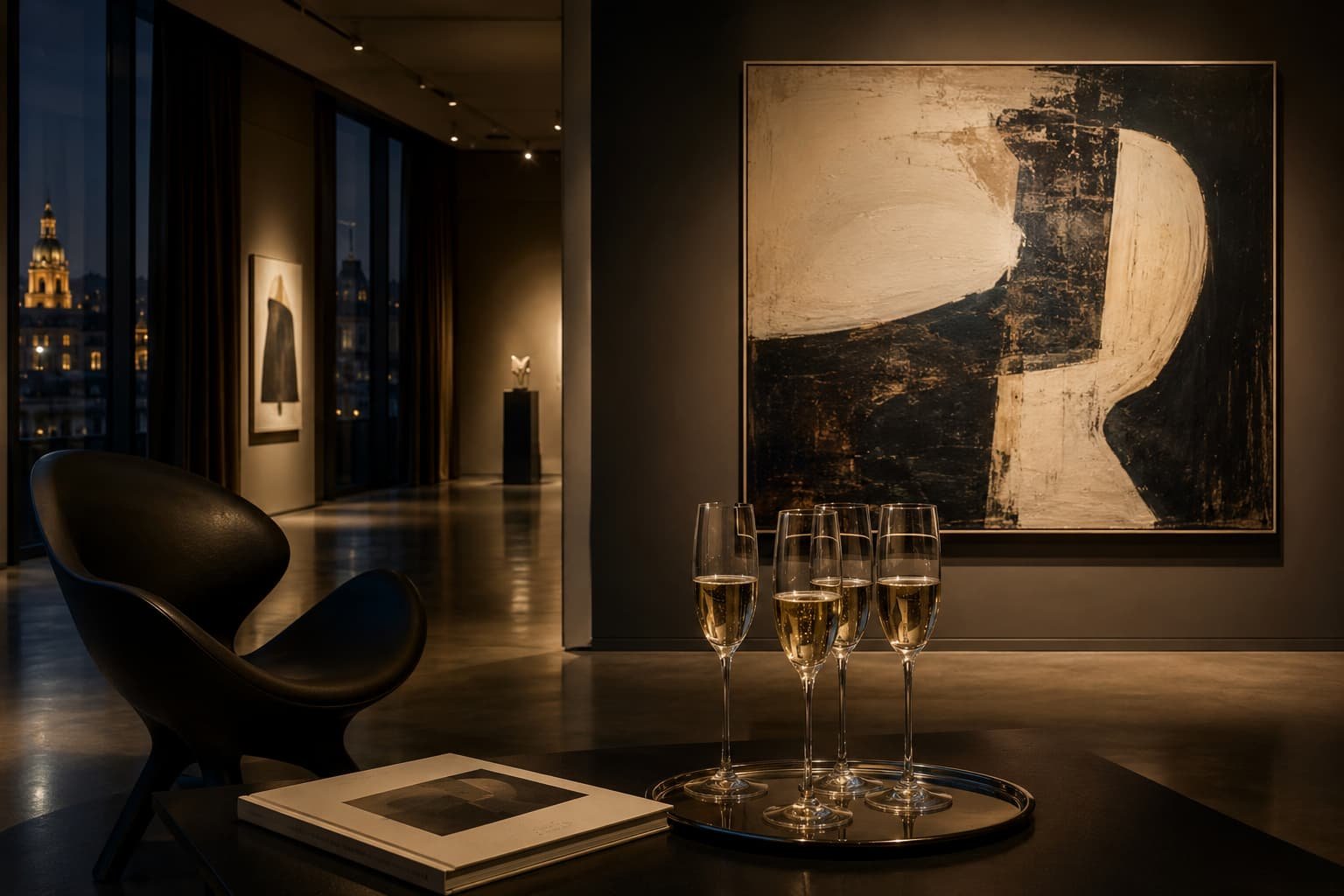 Eleganter Galerieraum mit abstrakter Kunst, Designstuhl, warmem Licht und kultivierter Abendstimmung.