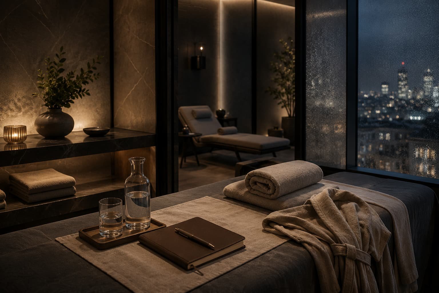 Ruhige urbane Wellness-Suite mit Naturstein, Leinentüchern, Health-Notizbuch, Wasser und gedämpftem Stadtlicht.