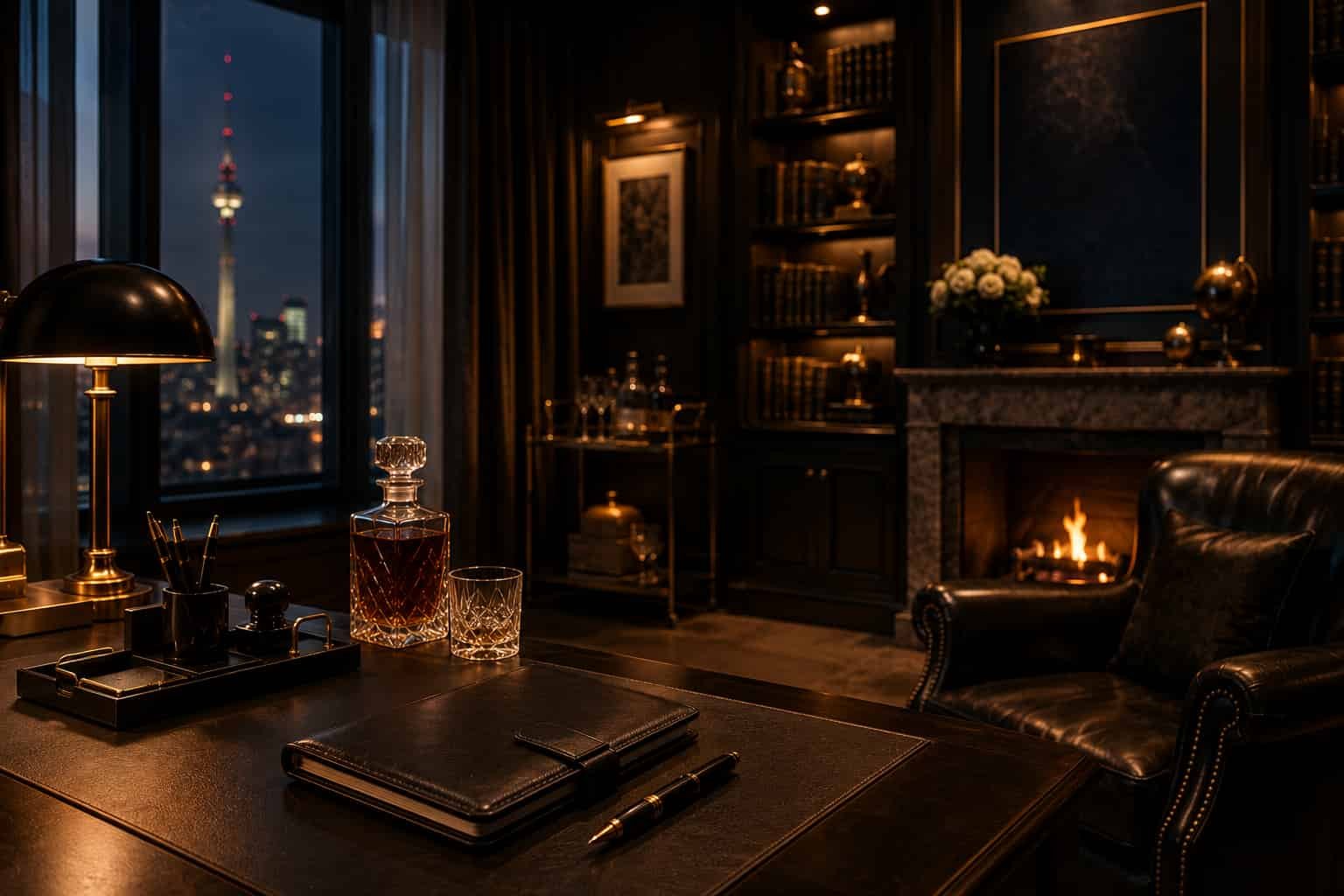 Elegantes privates Arbeitszimmer mit Schreibtisch, Kamin, Stadtblick und warmem Licht.