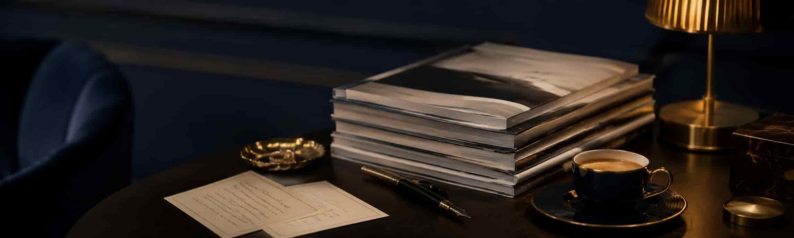 Hochwertiges Editorial-Stillleben mit Magazinen, Espresso, Füllfederhalter und Notizkarten.