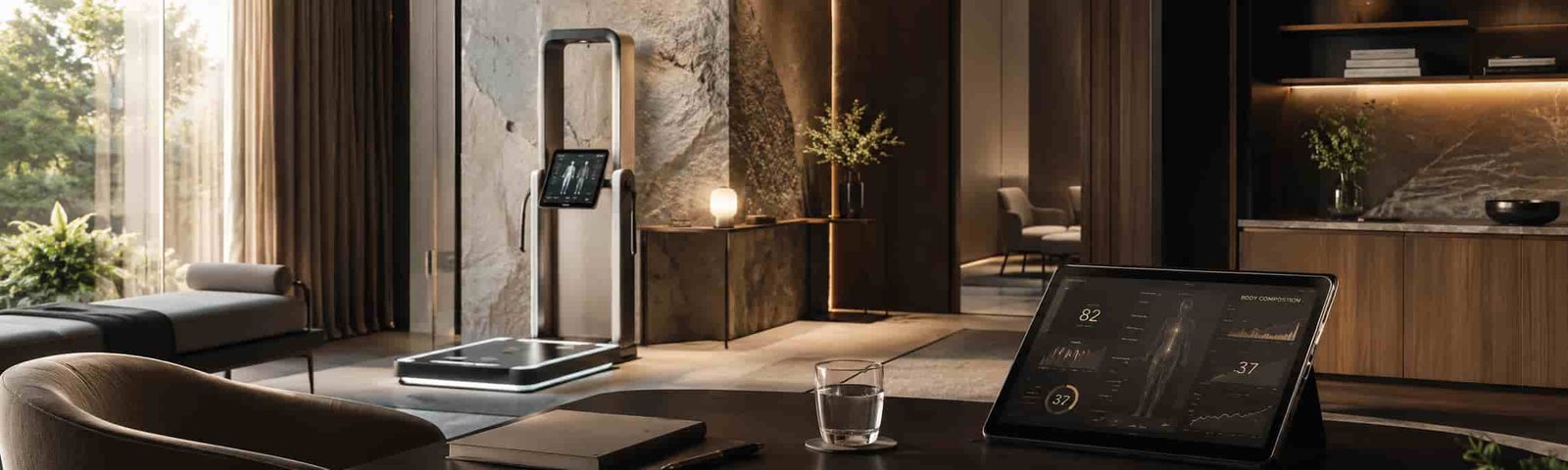 Elegante Longevity-Suite mit moderner Diagnostik, Tablet, Wasser und warmen Materialien.