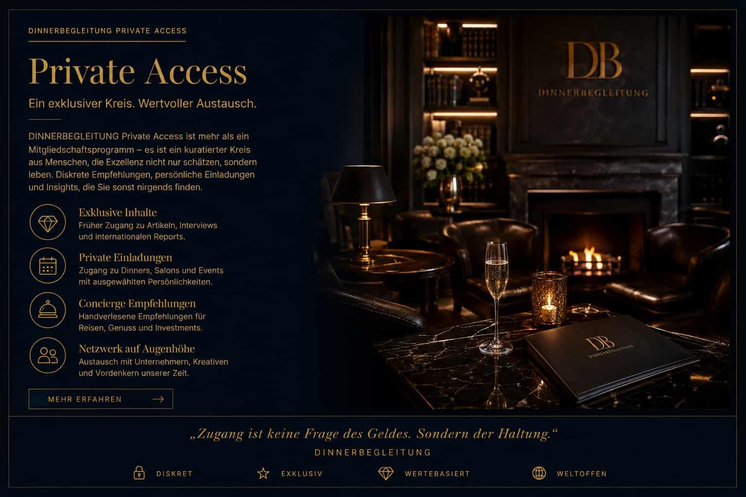 DINNERBEGLEITUNG Private Access Visual mit Lounge, Kamin, goldener Typografie und Membership-Informationen.