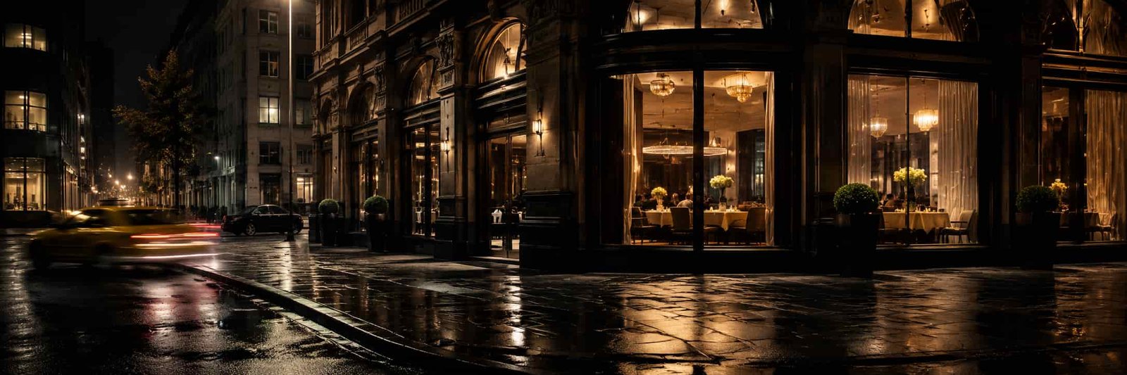 Elegante Großstadtstraße bei Nacht mit nassem Asphalt, Restaurantlicht und urbaner Atmosphäre.