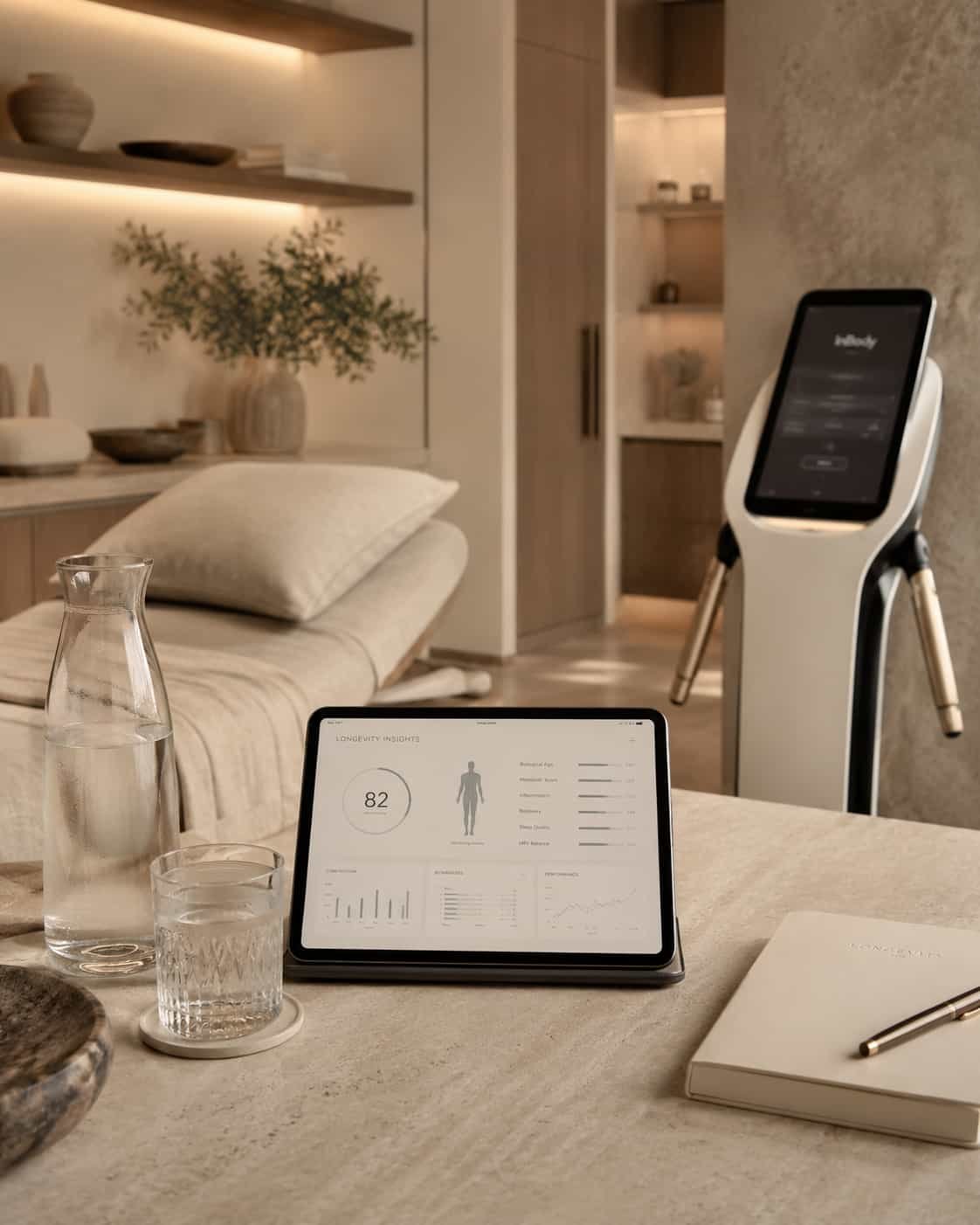 Elegante Longevity-Suite mit Diagnostikgerät, Tablet, Wasser, Naturmaterialien und Premium-Health-Atmosphäre.