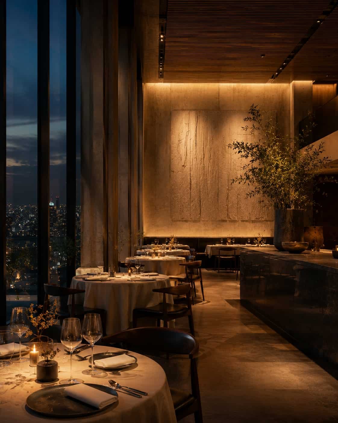 Architektonisch starkes Fine-Dining-Restaurant mit warmem Licht, gedeckten Tischen und hochwertiger Linienführung.
