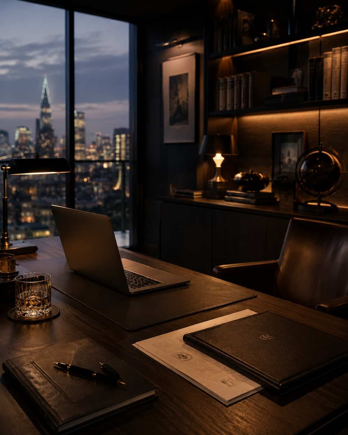 Privates Arbeitszimmer mit Laptop, Aktenmappe, Stadtblick und diskreter Premium-Service-Atmosphäre.