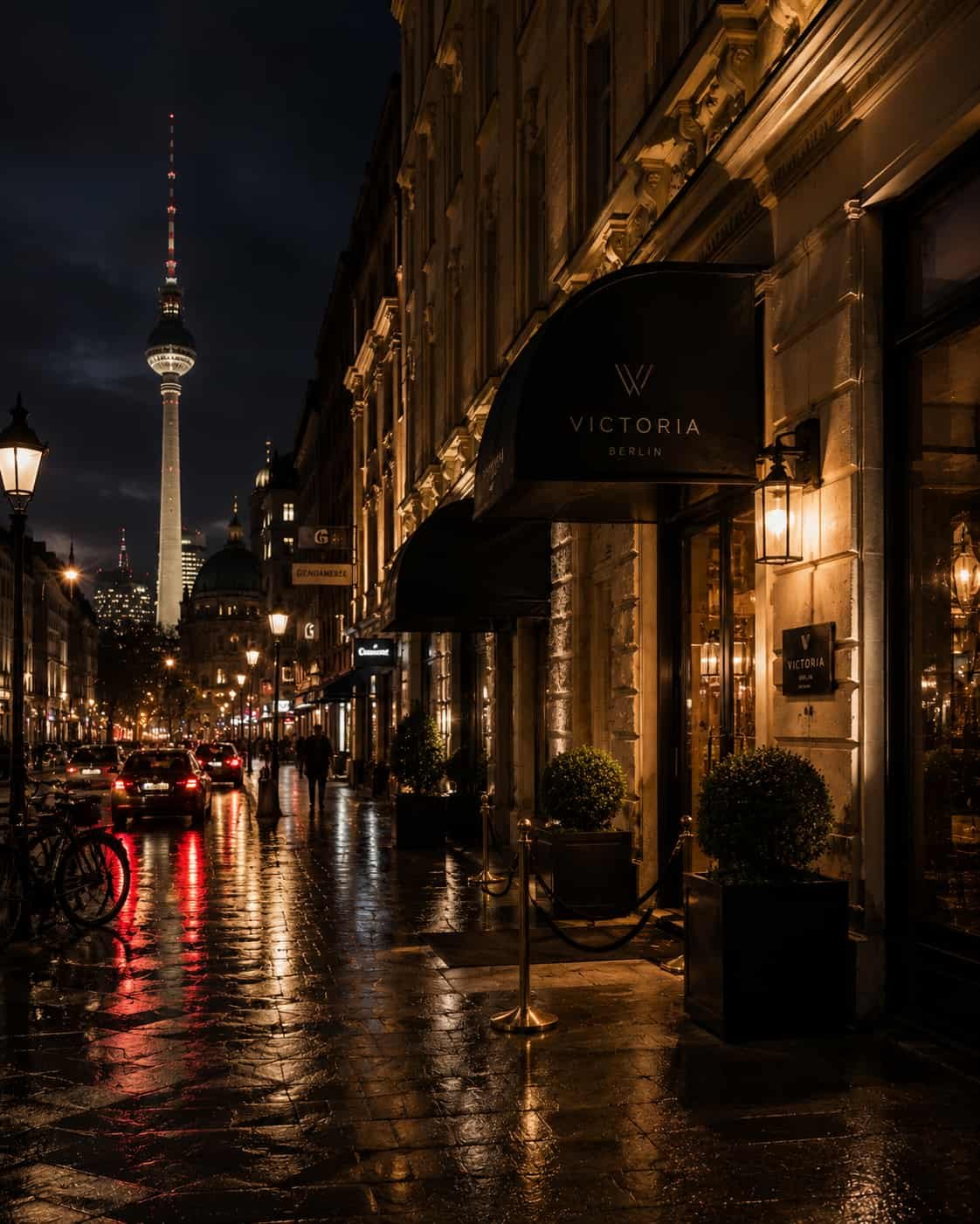 Elegante deutsche Großstadt bei Nacht mit nassem Asphalt, warmer Restaurantfassade und urbaner Atmosphäre.