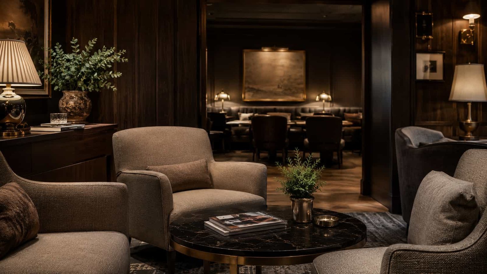 Eleganter Salon oder Private-Club-Lounge mit Sesseln, Tisch, warmem Licht, Magazinen und diskreter Atmosphäre.