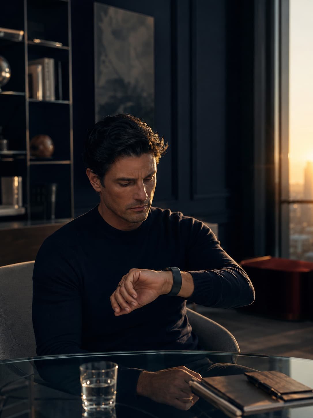 Elegante Person in dunklem Premium-Interior betrachtet ein diskretes Wearable als Symbol für Health Scores und Selbstoptimierung.