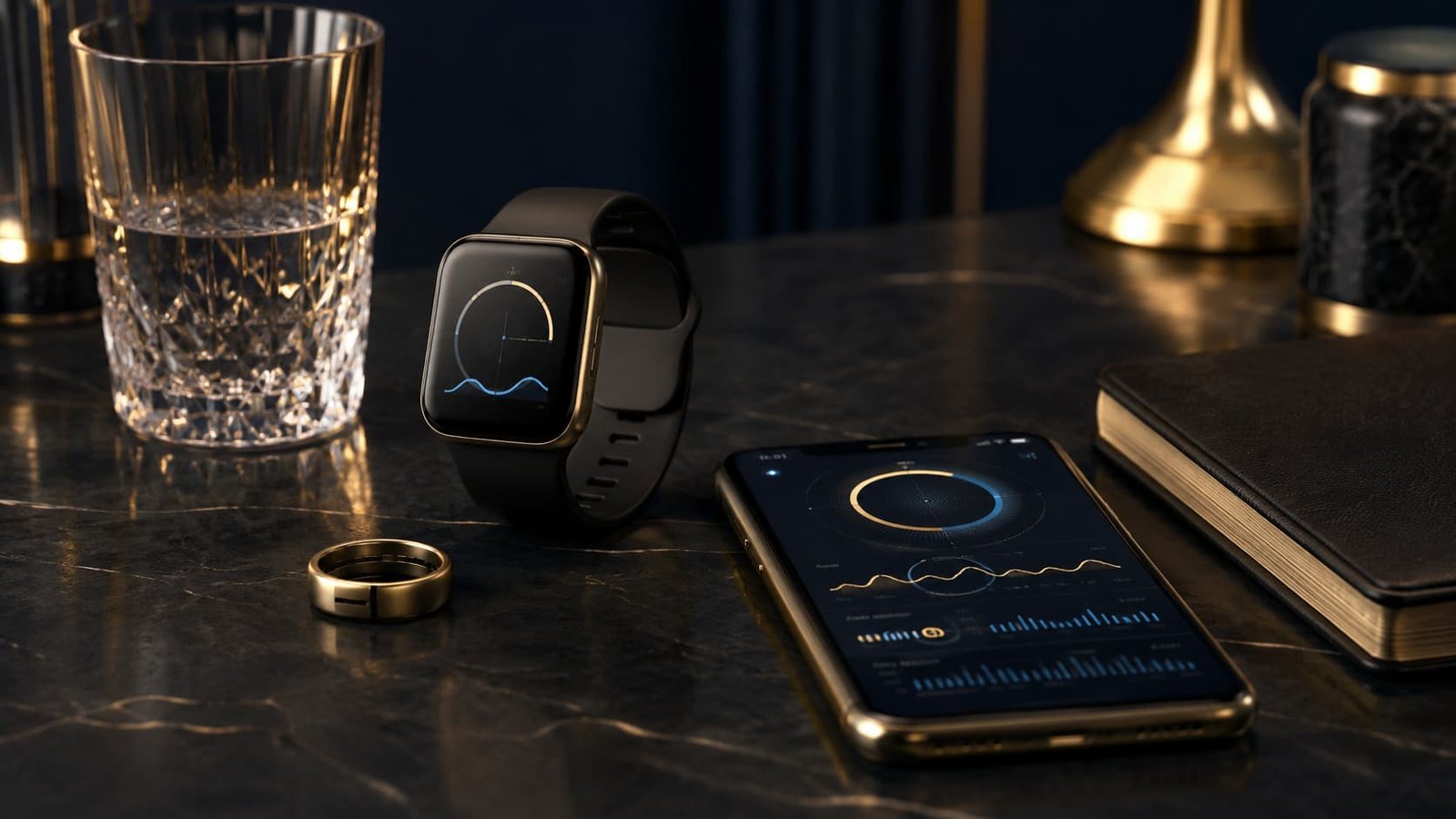 Hochwertiges Stillleben mit Wearable, Smartphone, Wasserglas und Notizbuch als Symbol für Körperdaten und moderne Longevity.