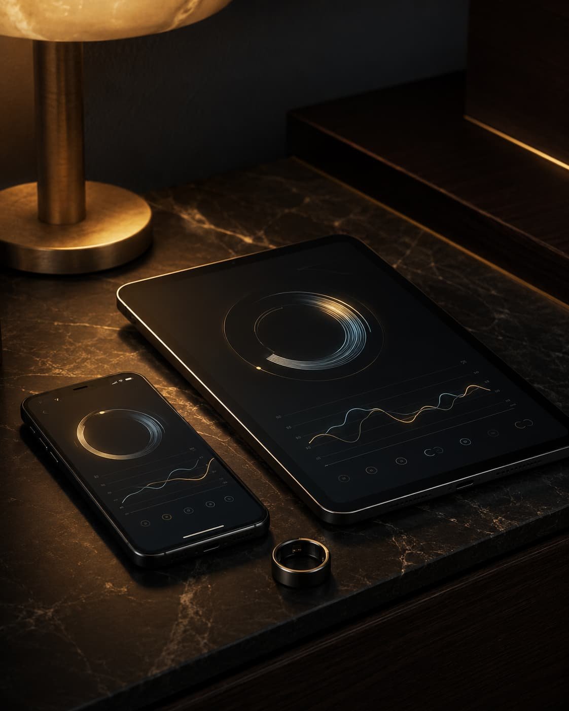 Luxuriöser Close-up von Smartphone und Tablet mit abstrakten Health-Score-Grafiken als Symbol für messbare Gesundheit.