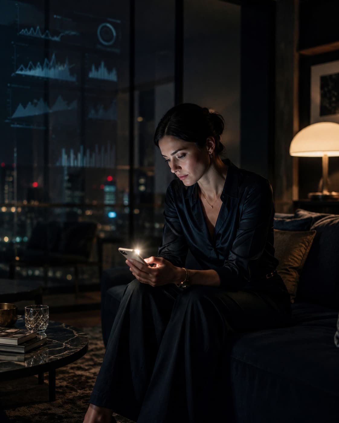 Person sitzt spätabends mit leuchtendem Smartphone in elegantem Interior als Symbol für Körperdaten und innere Unruhe.