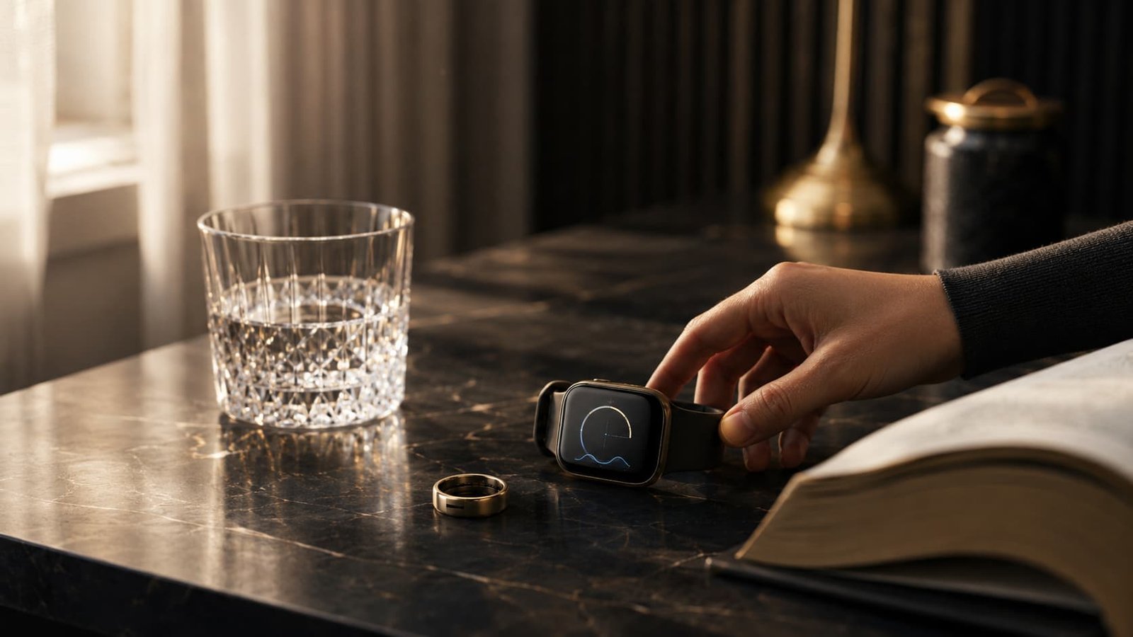 Wearable und Smartwatch liegen bewusst abgelegt neben Buch und Wasserglas als Symbol für digitale Distanz und Souveränität.